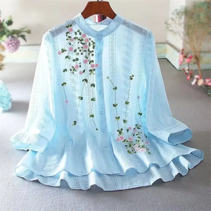 Thin Embroidery Blouses Women Shirts Literature Pure Cotton Shirt For Women\'s Top Hollow Out Chinese Style Loose Female Blous