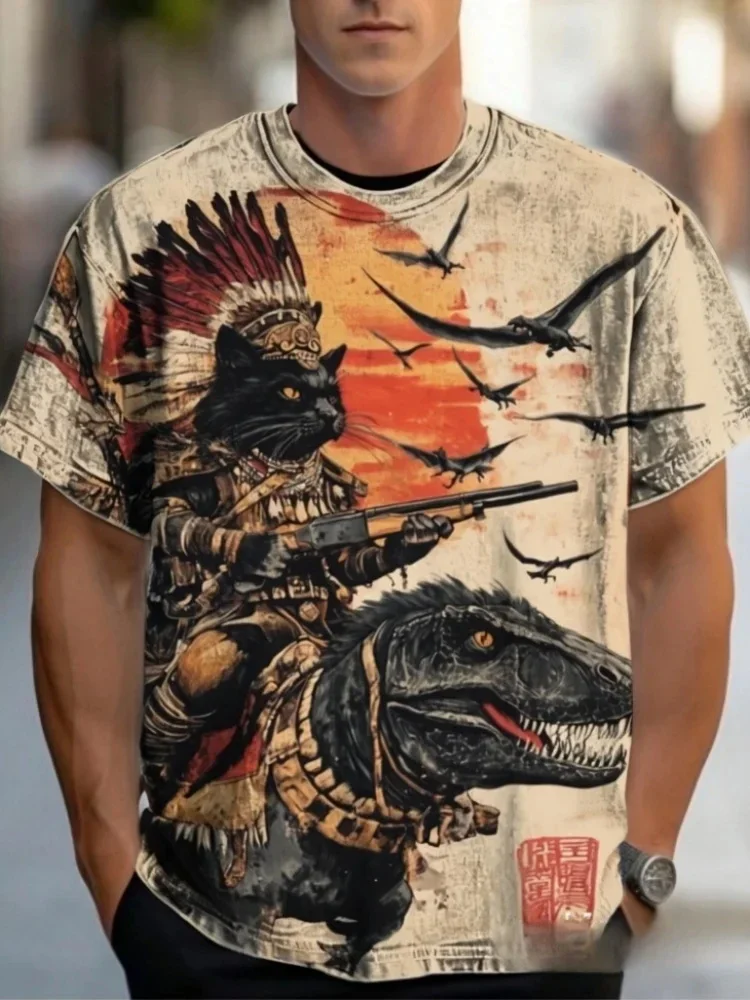 90s Japanese Style T-shirt For Men's Retro Tribe Cat Dinosaur Printed Men's Clothing Casual Fashion Round-Neck Pullover Tops
