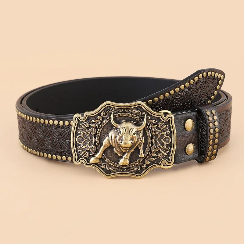 

Punk Western Cowboy Bullhead Big Board Buckle Belts for Men Retro Embossed PU Leather Jeans Waist Belt Clothing Accessories Gift