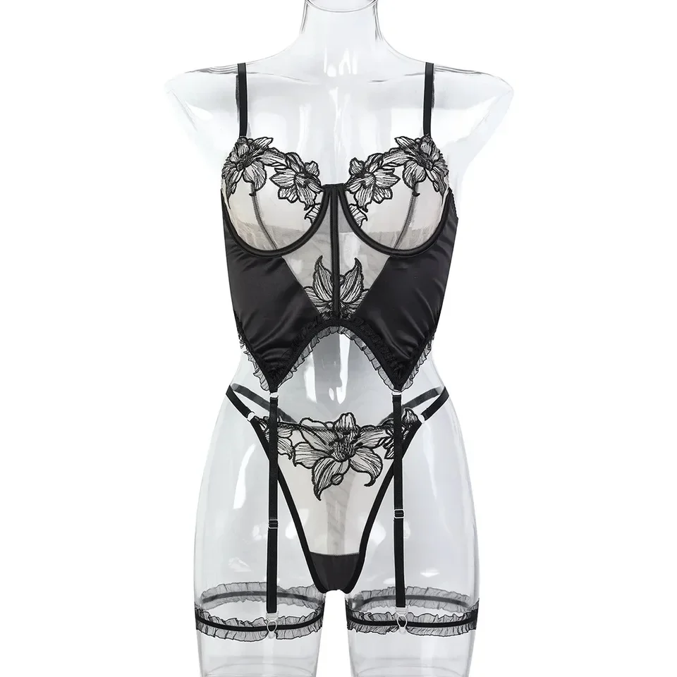 New Sexy Erotic Floral Embroidery Satin Patchwork 2 Piece Set Featuring Sensual Stretch Design Alluring Charming Lingerie Set