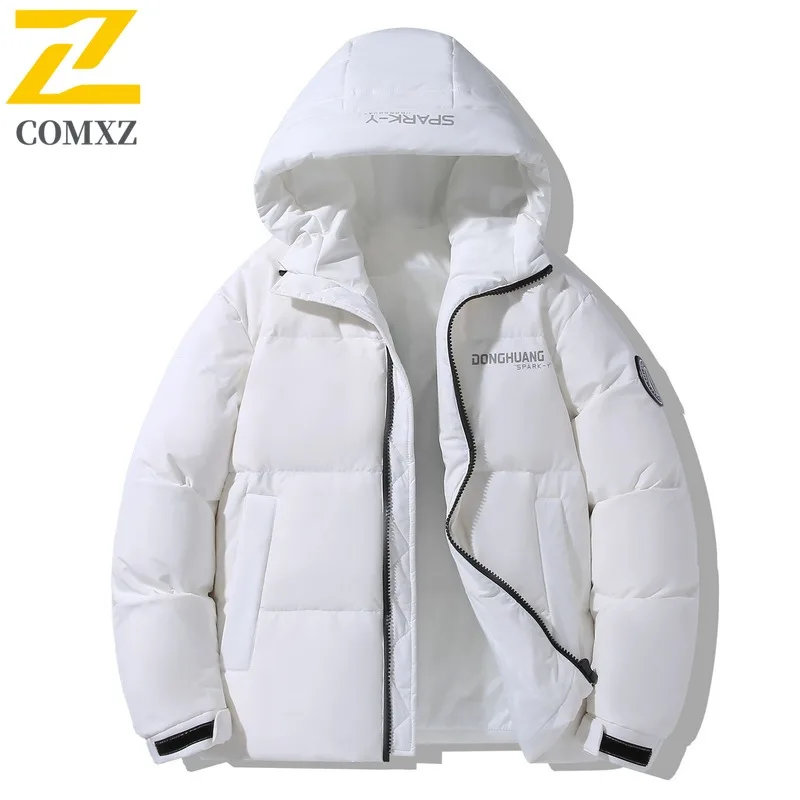 COMXZ 2025 Mens Winter Shiny Thick Puffer Jacket American style waterproof windproof Detachable Hood lightweight windbreaker