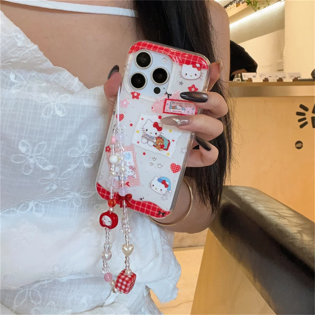 

Fashion Cute Hello Kitty Cat Phone Case For iPhone 16 Pro 15 13 14 Pro Max Back Cover with Chain Shockproof Cases Funda