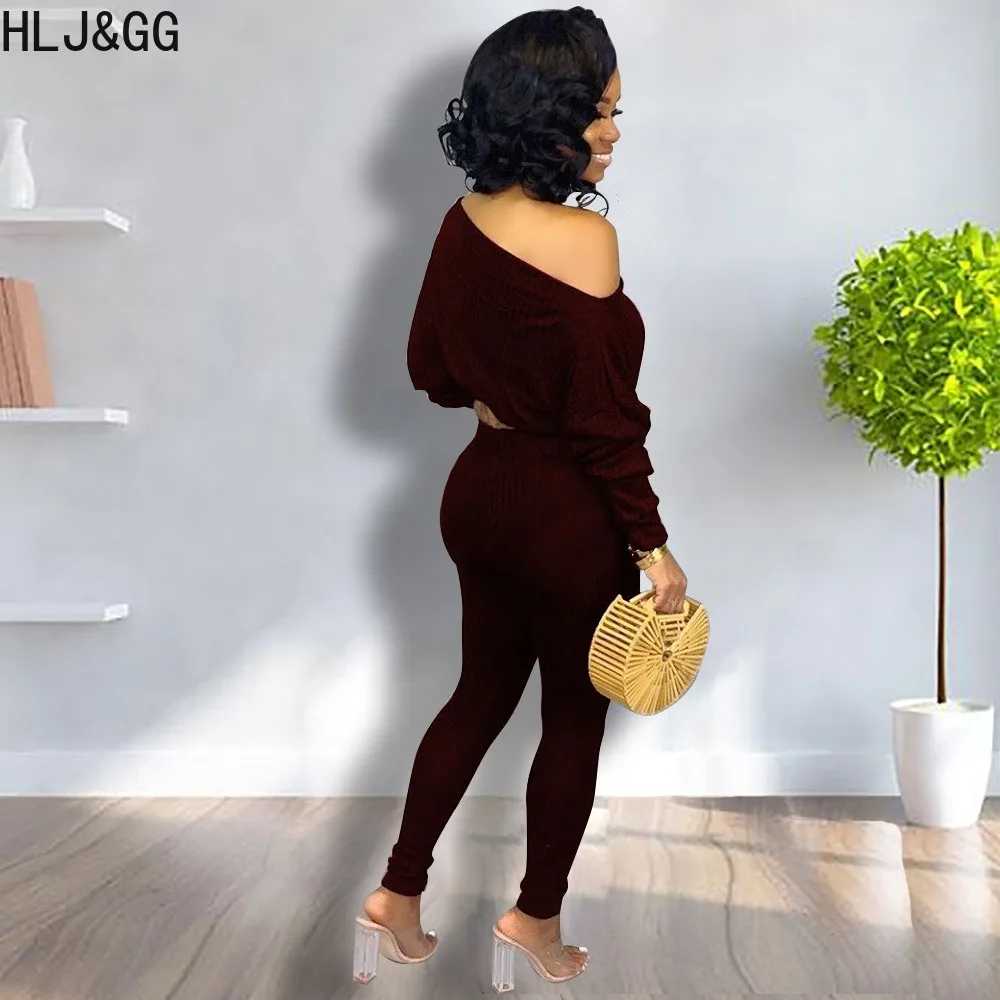 HLJ&GG Casual Solid Color Ribber Skinny Pants Two Piece Sets Women One Shoulder Long Sleeve Crop Top And Pants Outfit Tracksuits