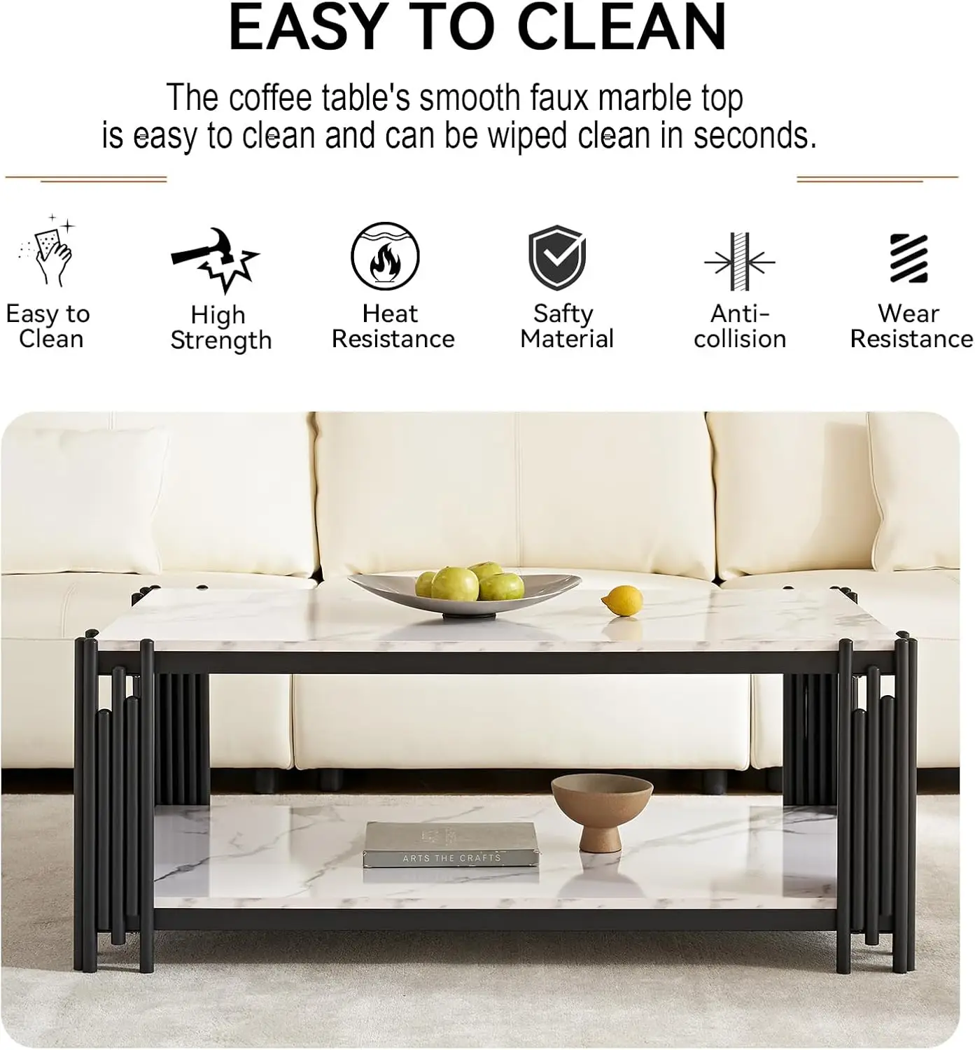 44.8" Modern 2-Tier Faux Marble Coffee Table - White Rectangular Center Table with Black Metal Frame,