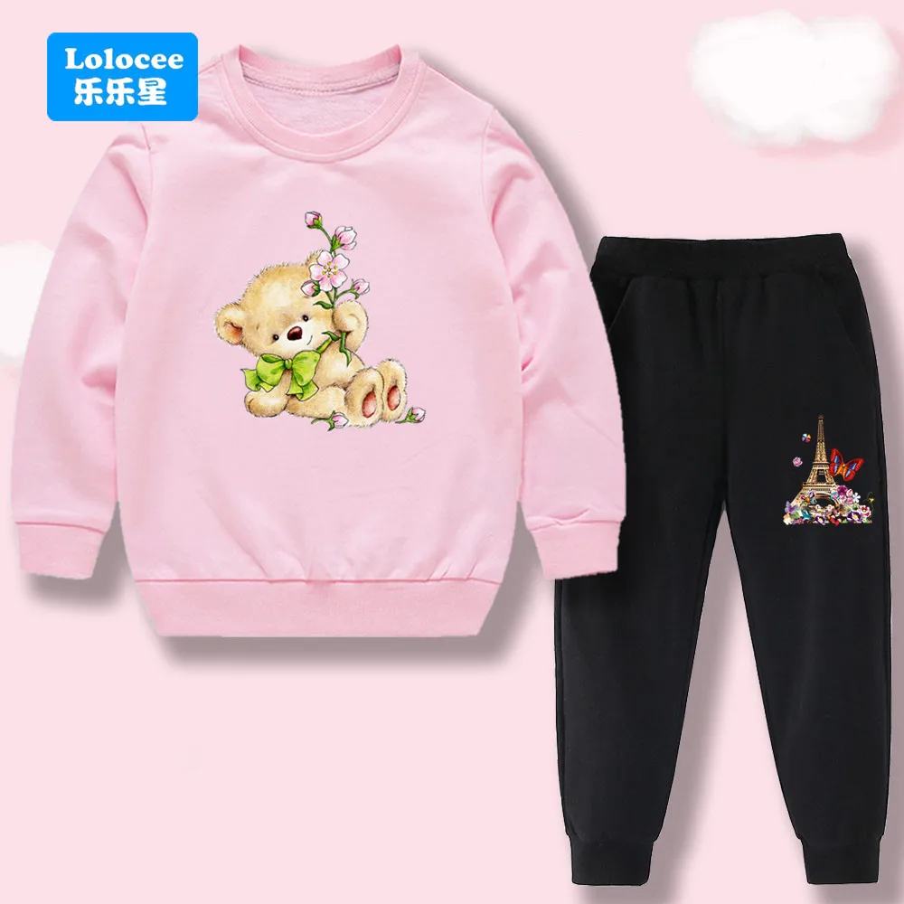 

Lolocee Kids Tracksuit Set: Cartoon Bear Print Crew Neck Sweatshirt + Jogger Pants - Cute Girls' Casual Outfit 2Pcs XNH1