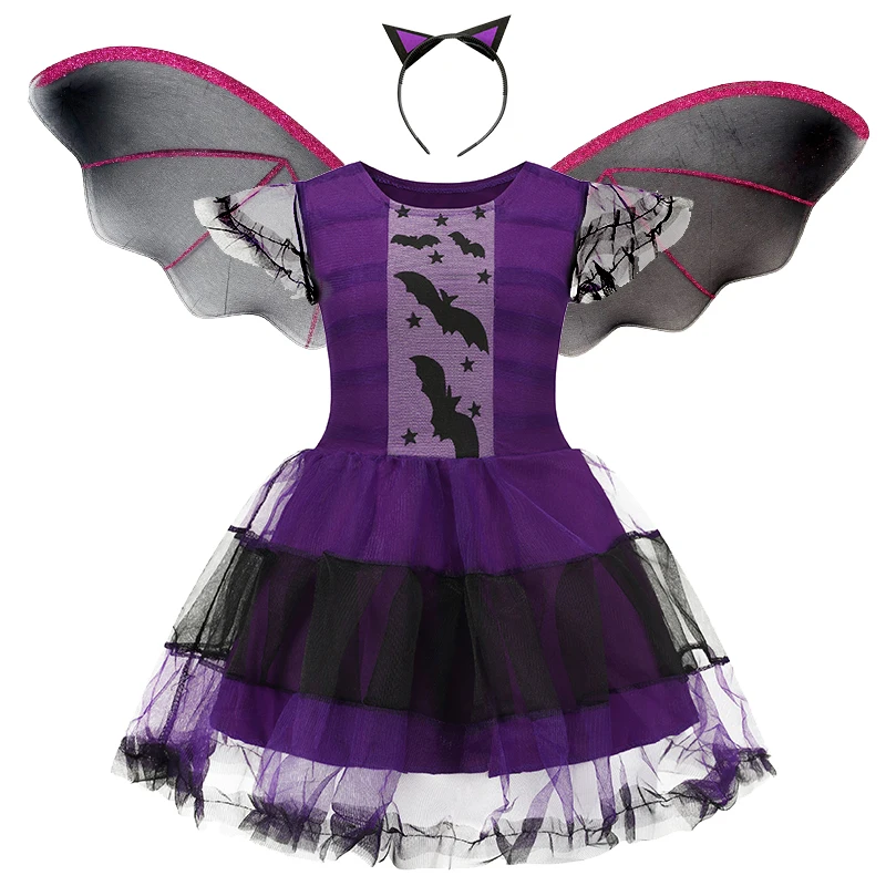 Halloween Cosplay Party Mädchen Kostüm Vampir Dämon Kleid 3-teilig Stirnband Flügel Set Kinder Karneval Vestidos Kostüm – Detail 2