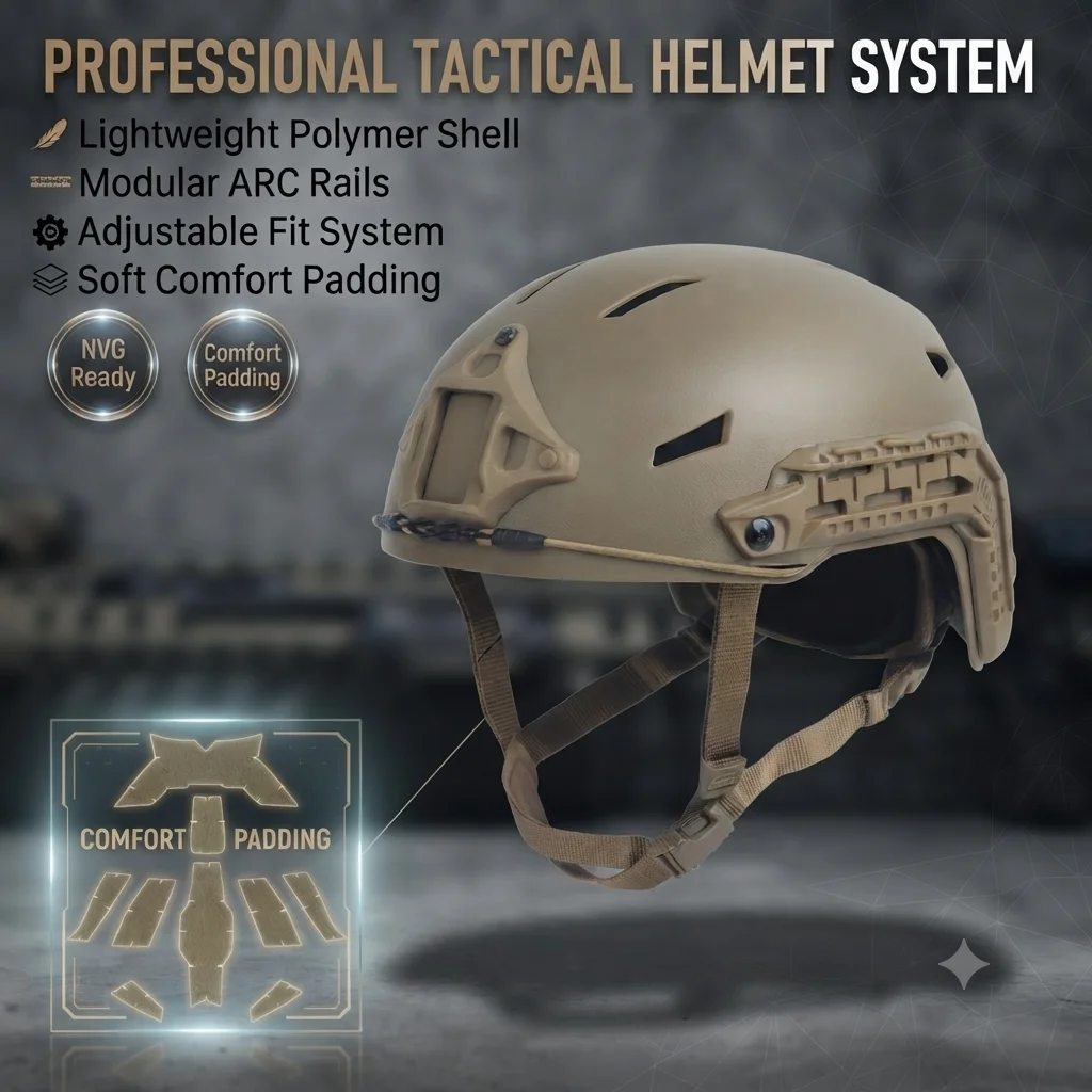 Professional Tactical Training Helmet Lightweight Polymer Shell Adjustable Fit System with NVG Mount ARC Rails