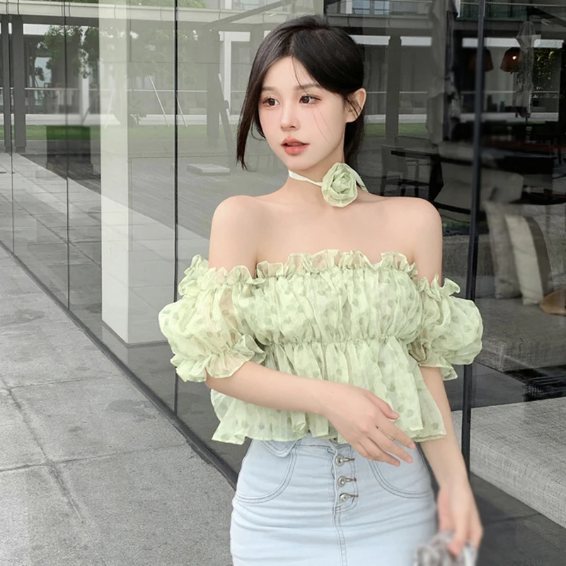 Off Shoulder Flower Print Blouse Women Short Sleeve Crop Tops Short Style Sweet And Spicy All-Match Leisure Summer