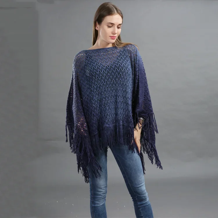 Spring Autumn New Double-layer Irregular Shawl Hollowed Out Tassel Lattice Cloak Versatile Loose Pullover Poncho Black