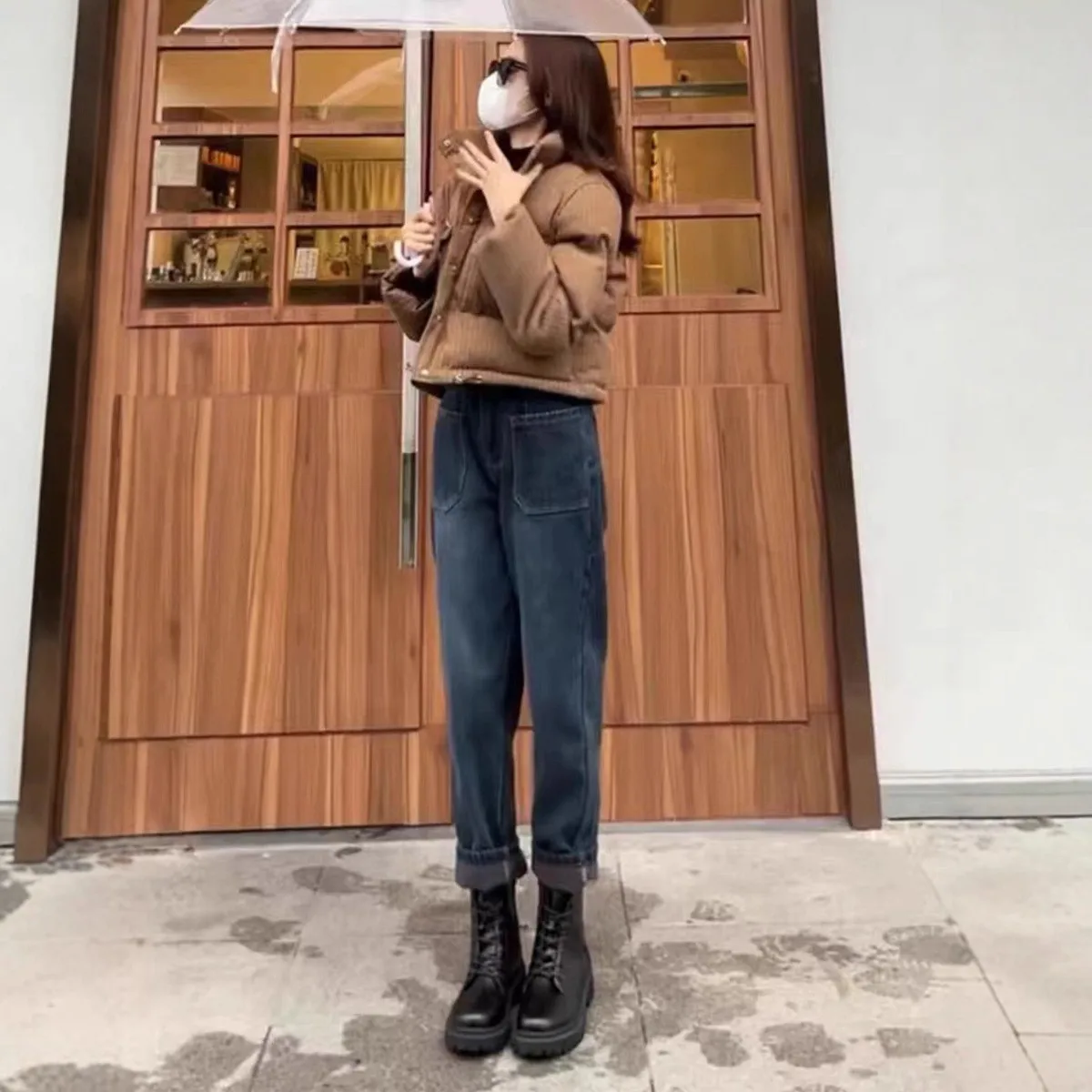 

High Waist Fleece Lined Straight Leg Jeans Women's Casual Autumn Winter Slimming Ankle Length Dad Pants Cotton Zipper