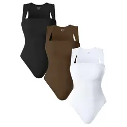 3 Pack Ribbed Bodysuits for Women - Tummy Control Sleeveless Tops, Square Neck Strappy Tank Bodysuit Set, High Waist Shaper