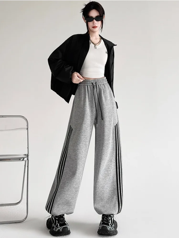 American Sle High Waist Dstring Trousers Women's Autumn Sport Wide Leg Pants Slimming Casual Sweatpants Straight Leg
