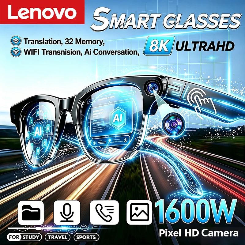 Lunettes Intelligentes Lenovo avec Assistant Vocal, Contrôle Tactile Musical, Appel Bluetooth, Lunettes de Soleil Tendance pour Sports de Plein Air Hommes et Femmes, Nouveauté 2026