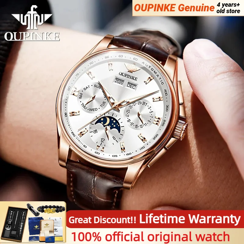 OUPINKE 3189 Classic Men's Watch Original Leather Strap Automatic Movement Mechanical Watch Multifunctional Watches