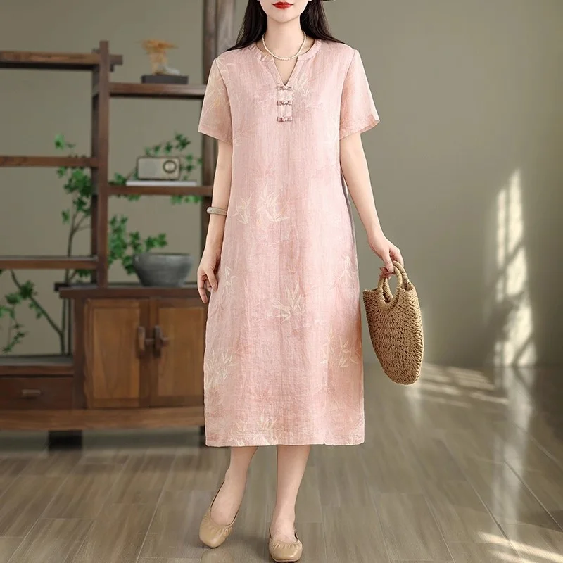 Платье большого размера, лето 2029, новый стиль, платье Cheongsam с китайской пряжкой и принтом, хлопковое и льняное платье с v-образным вырезом W326 Платье большого размера, лето 2029, новый стиль, платье Cheongsam с китайской пряжкой и принтом, хлопковое и льняное платье с v-образным вырезом W326