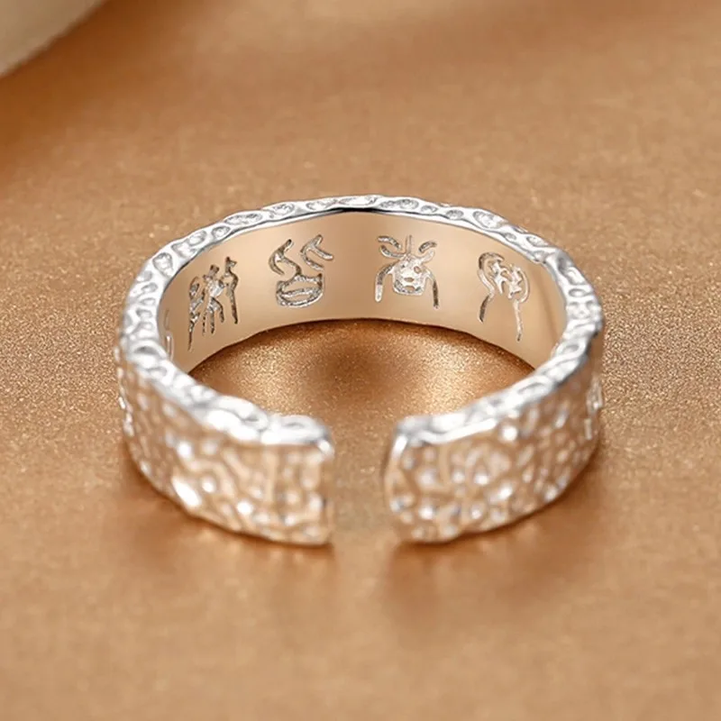Silver New Retro Taoist Nine Character Mantra Ring with Adjustable Hammer Pattern for Versatile Men's and Women's Jewelry
