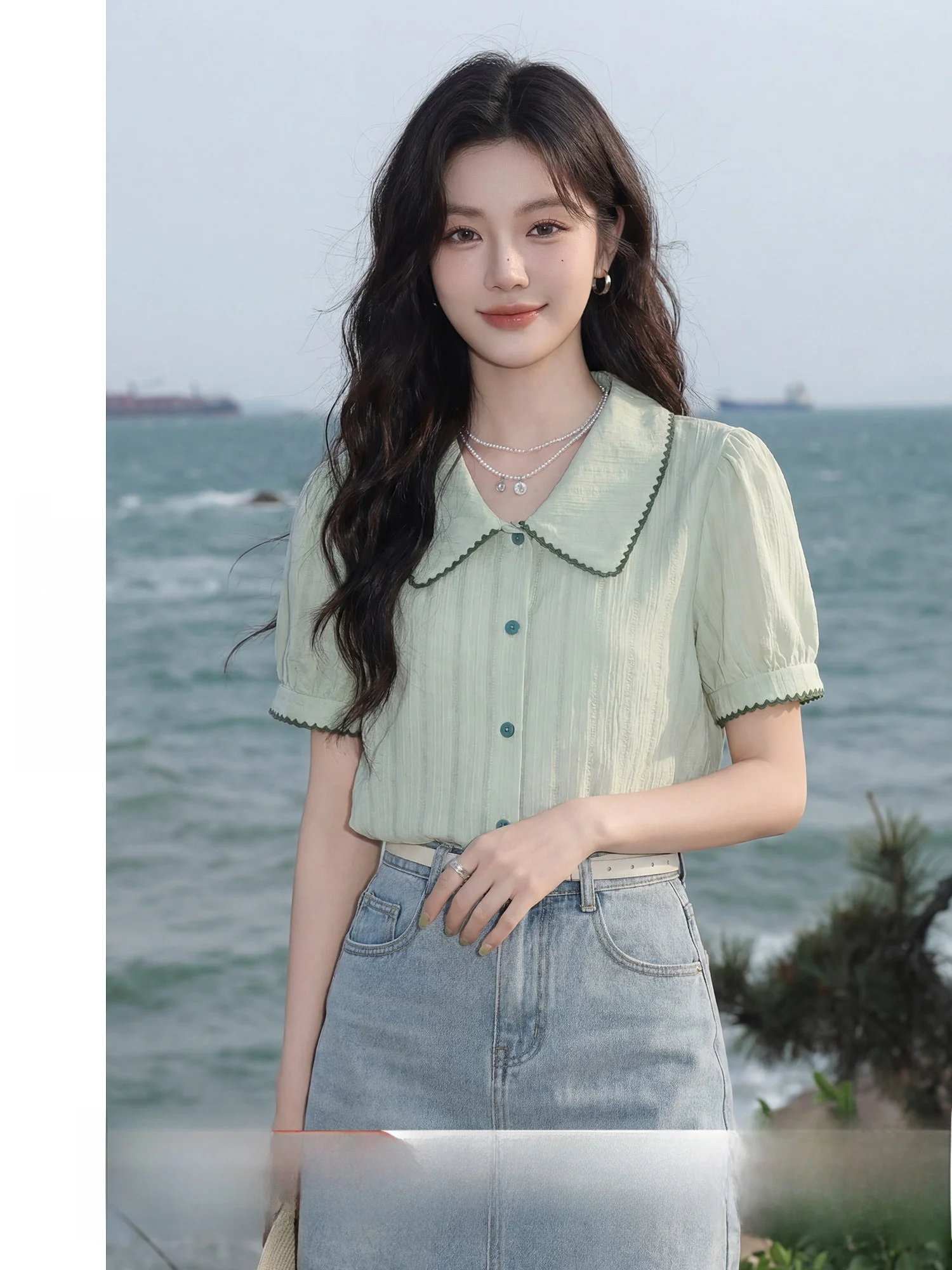 

Sweet Casual Doll Collar Short Sleeve Shirt Loose Fit Korean Style Polyester Fiber Straight Tube Top Summer New Arrival