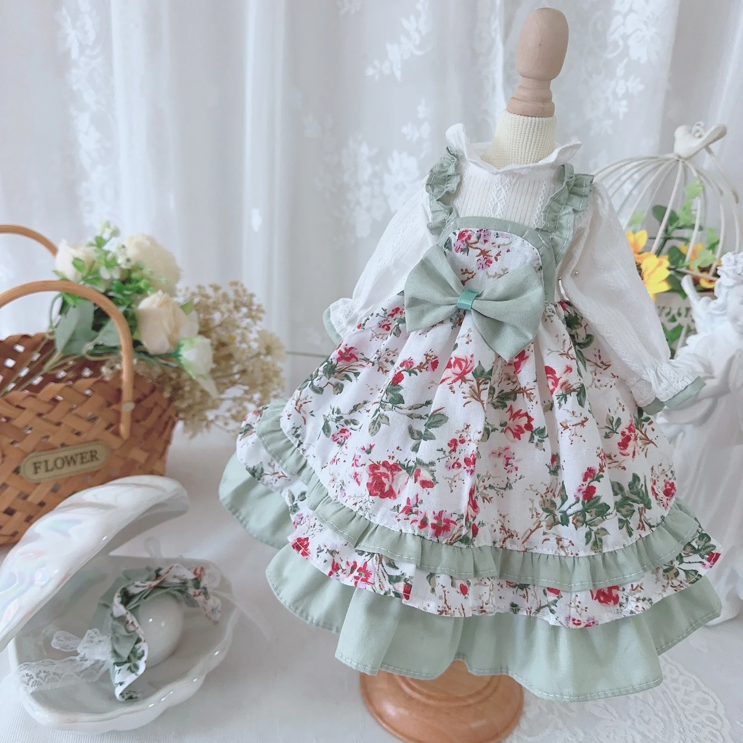 BJD Doll clothes suitable for 1/3 1/4 1/6 size  long-sleeved bow floral skirt dress doll accessories