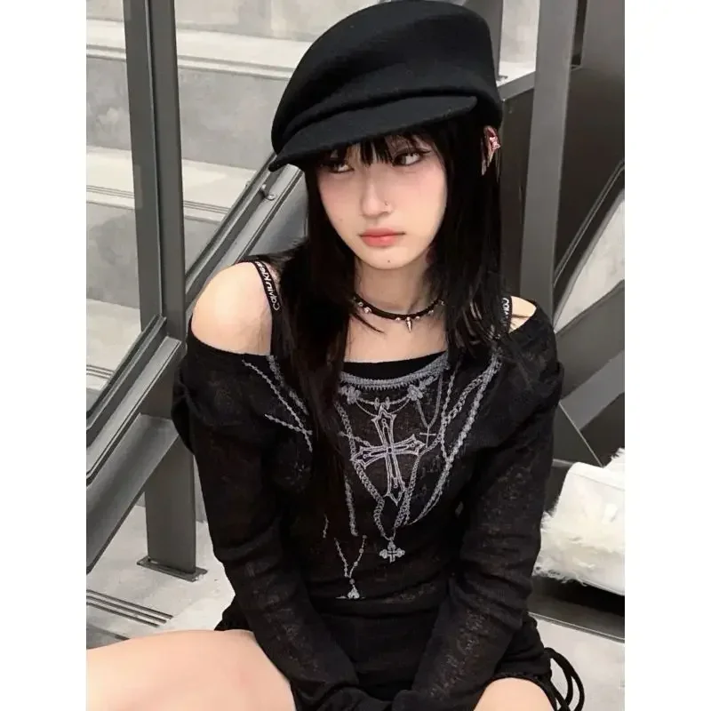 女性用長袖Tシャツ,裸の肩,裸の肩,セクシーなアメリカのプリント,y2k