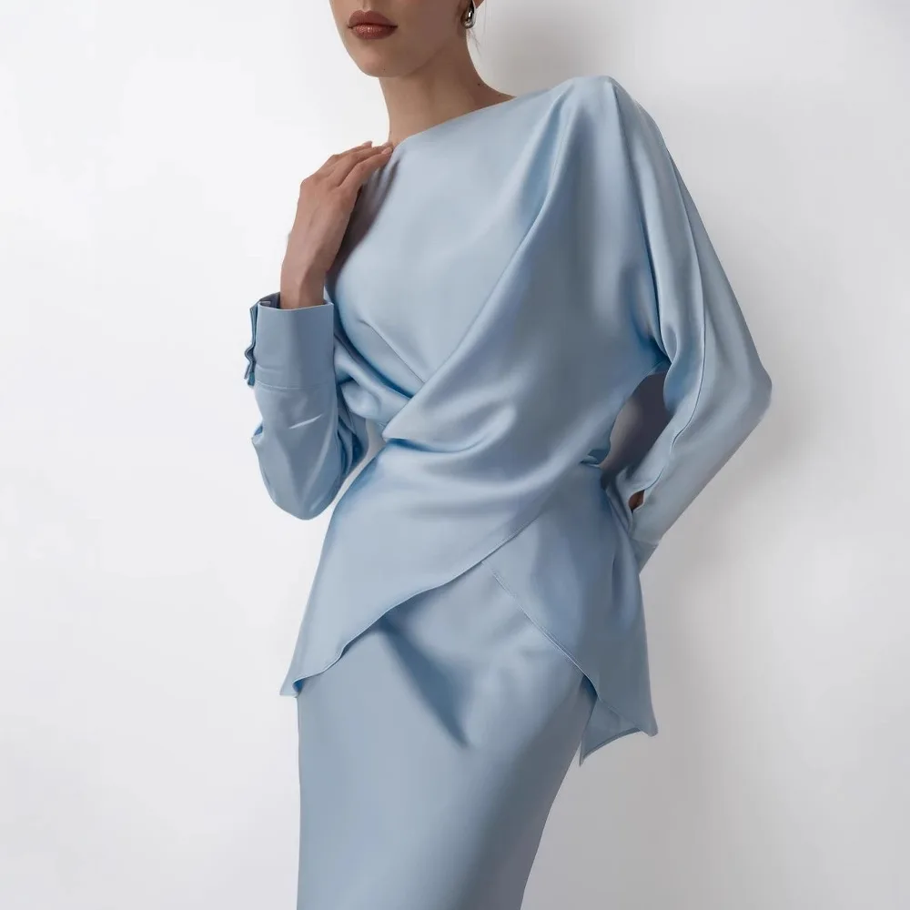 

Bangniweigou glossy satin look assymetric top and skirt two piece set ladies elegant full sleeves dress suit