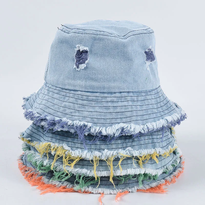 OMEA Denim Bucket Hat Women Colorful Ripped Fisherman Hat Rough Edges Casual Versatile Frayed Pot Hat Sun Hat Patchwork Cotton