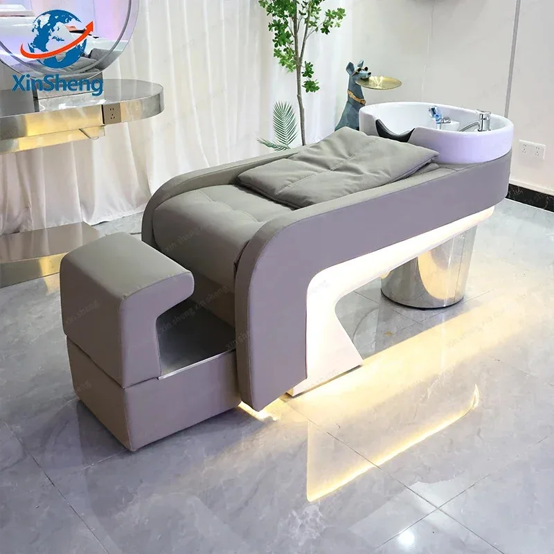 سرير شامبو احترافي من شينشنغ مع إضاءة LED، أثاث صالون للعناية بالشعر، كرسي حلاقة قابل للإمالة مع حوض شامبو