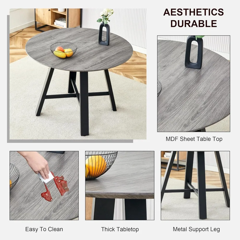 طقم طعام خشبي مستدير باللون الرمادي مقاس 42 بوصة مع كراسي قماش تتسع لـ 4 أشخاص #5