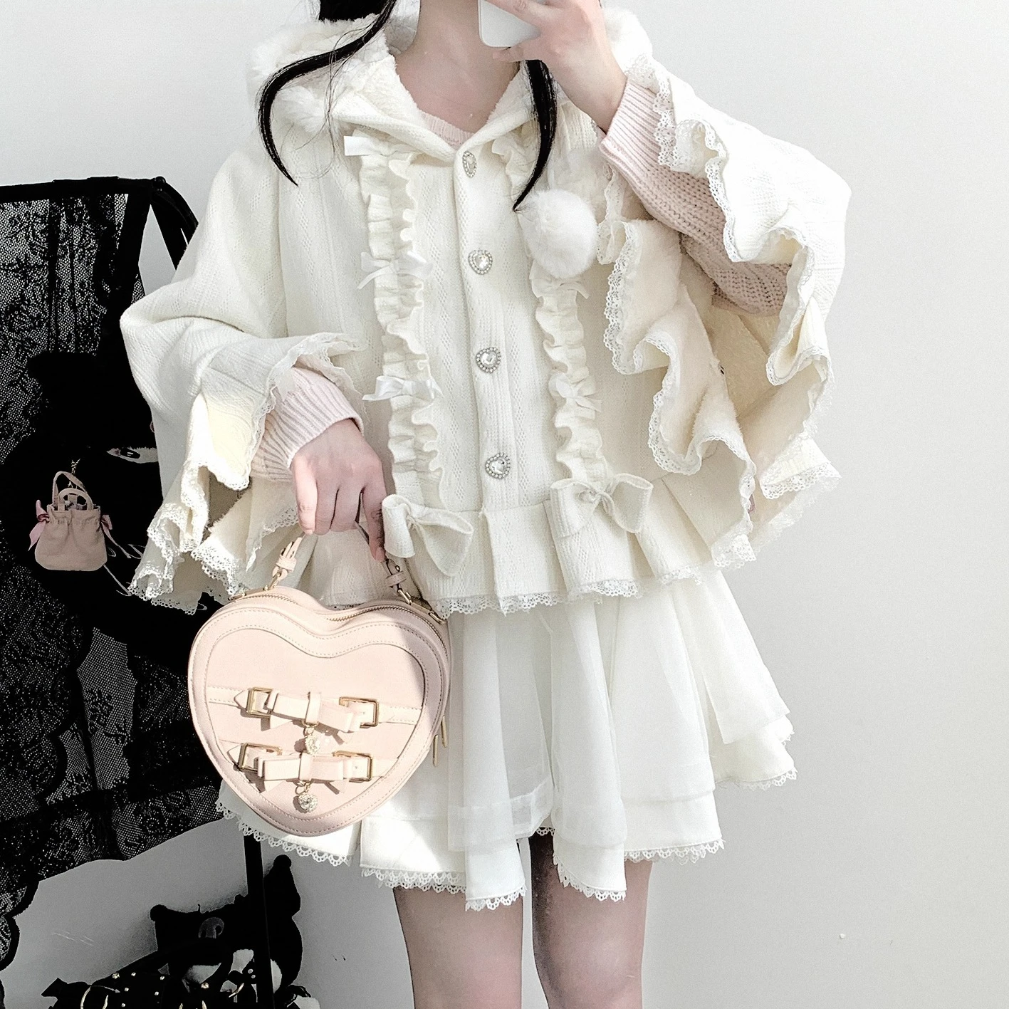 2025 Christmas Winter Cloak Overcoat Women Design Bow  Lolita Hooded Patchwork Kawaii Cope Coat Female Warm Cape Sweet Jackets