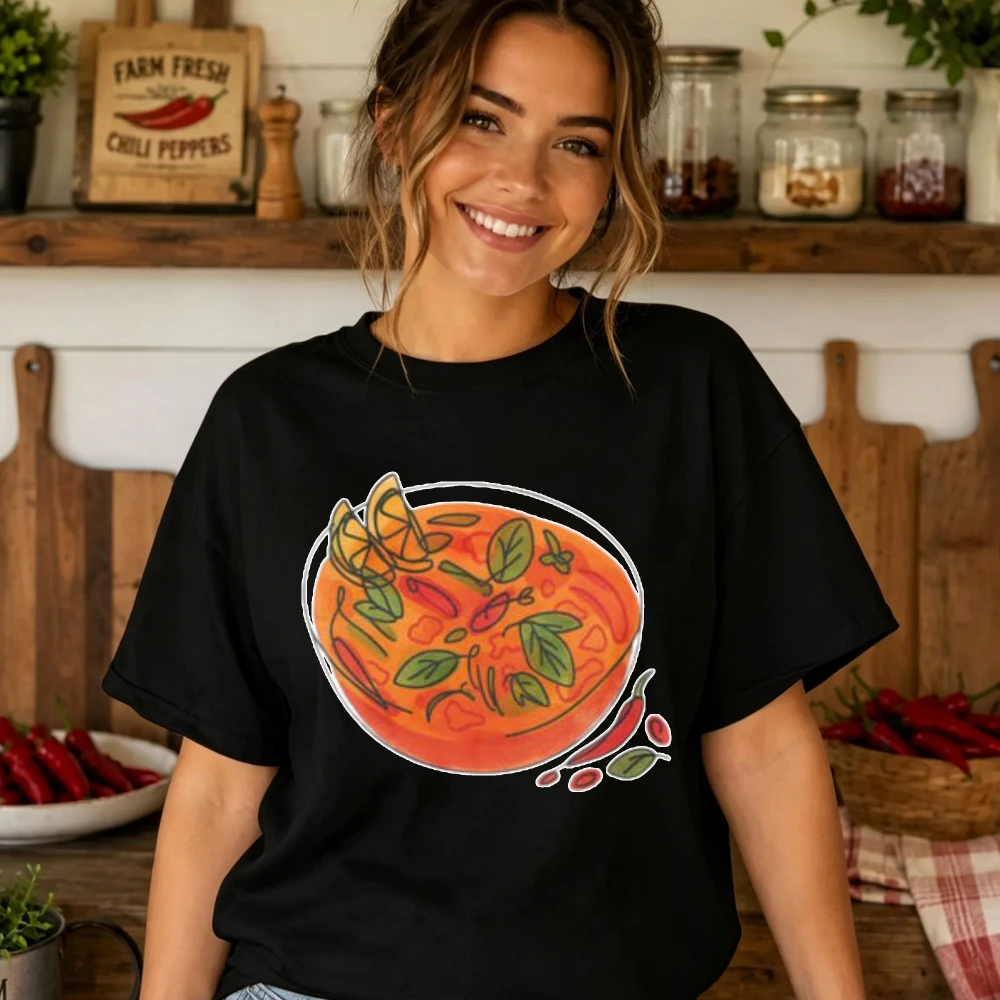 Hand Drawn Tom Yum Soup Bowl Red Chili Herb Illustration Print T Shirt Women Soft Cotton Thai Food Aesthetic Casual Daily Tops