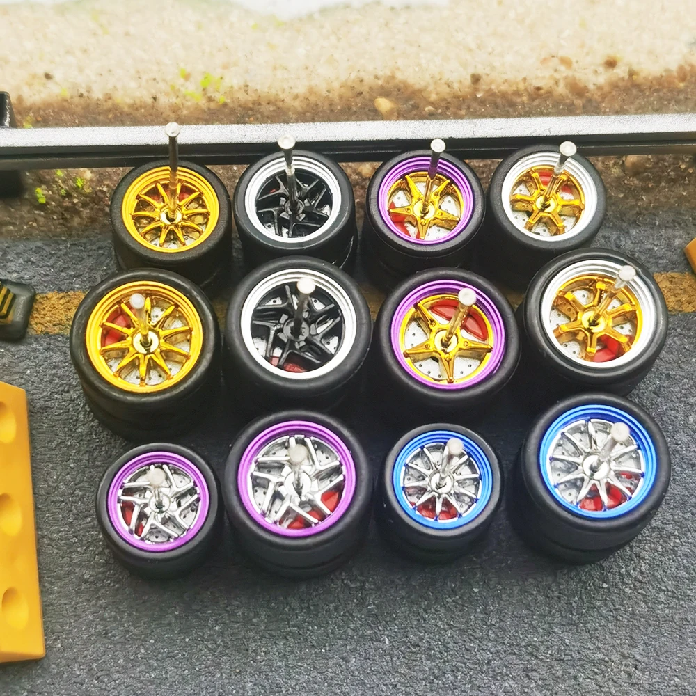 

Kicarmod 1/64 Front Small Rear Large Model Car Wheels with Rubber Tire Brake Disc Refitting Parts Diameter 11X13mm For Tomica