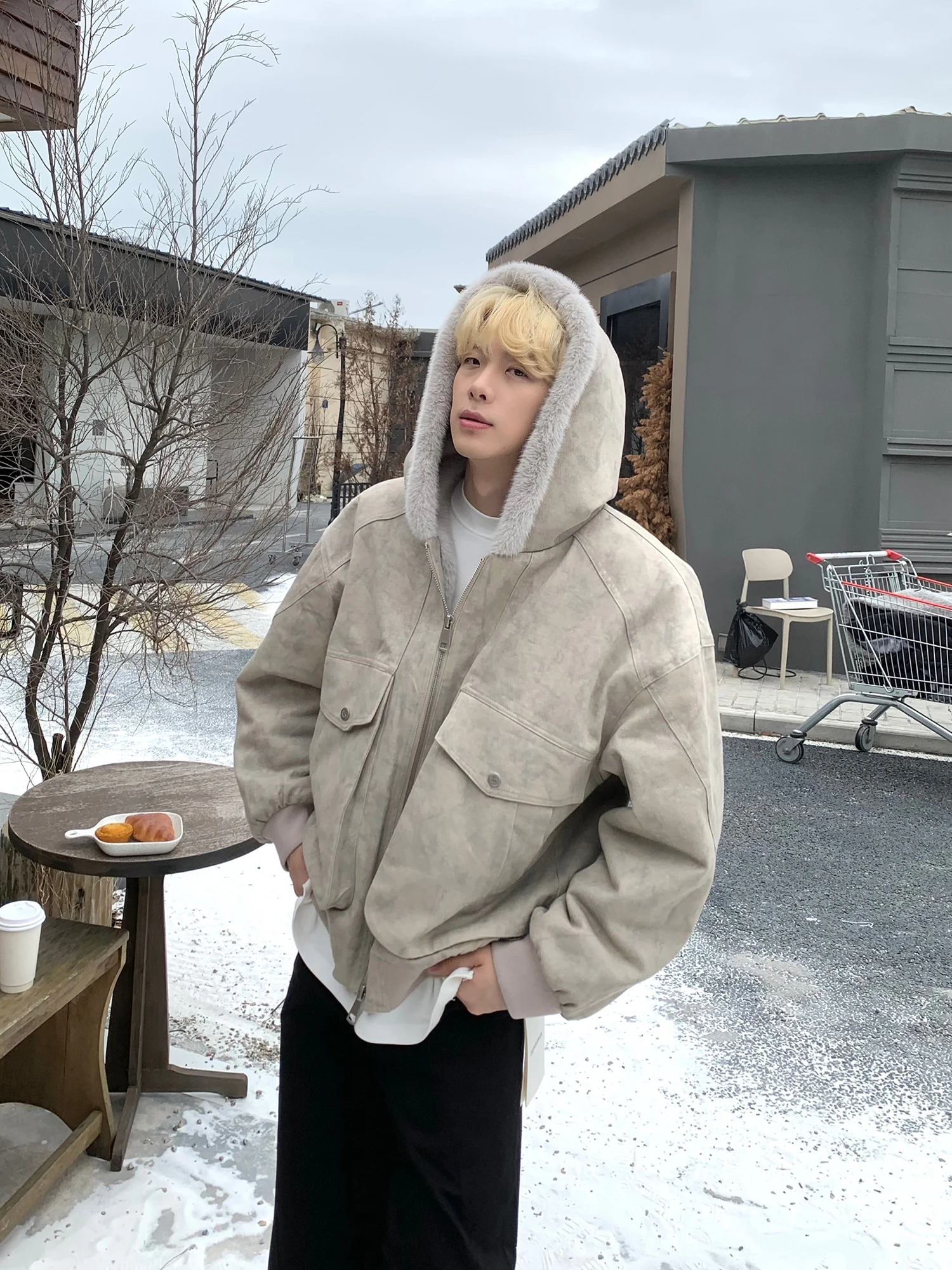 

Warm Winter Cotton Jaet for Men Loose Fit Hooded Cleanfit Marble Mountain Eagle Trendy Casual Long Sve Youth