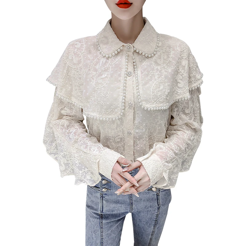 Autumn Fashion Women Chiffon Blouses Long Sleeve Beading Women Tops Casual lace Office Lady Women Clothing