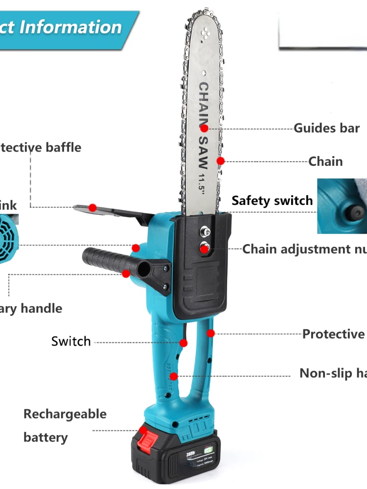 12 inch Cordless Electric Saw Chainsaw Brushless Motor Woodworking Logging Cutter Pruning Garden Tool For Makita 18V Battery