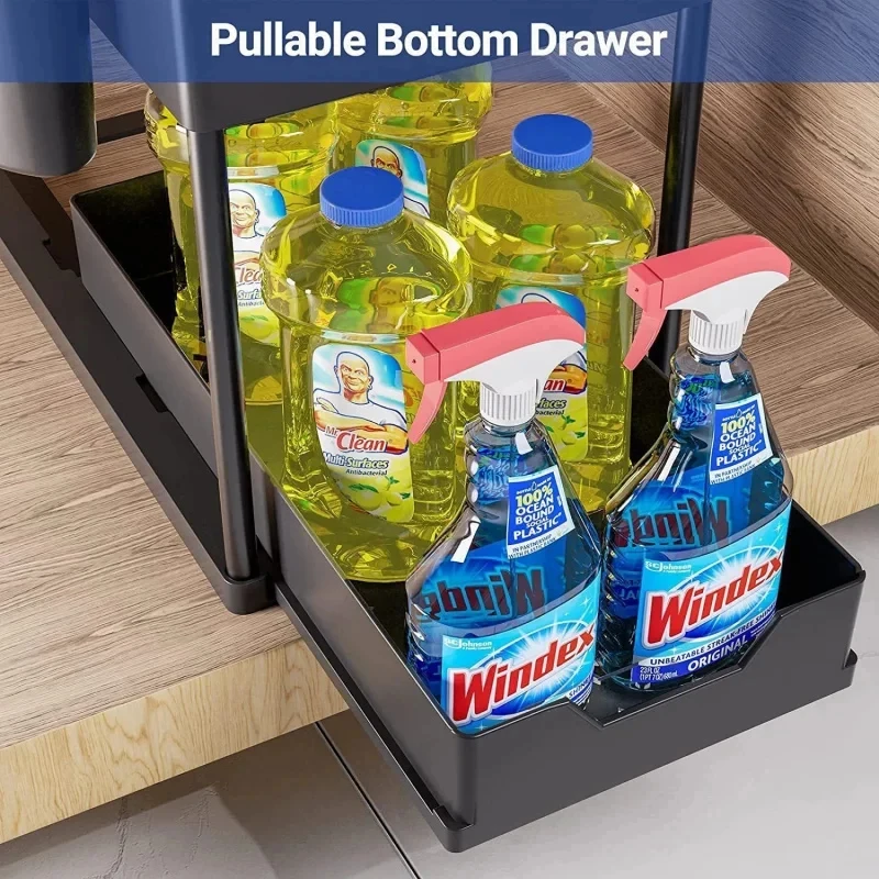 2段式シンク下スライドオーガナイザーラック、フック付き吊り下 - Home Goods Bathroom Cabinets のレビューと価格