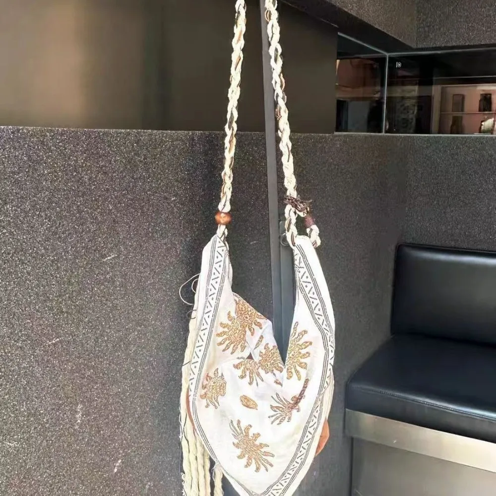 Simple Bohemian Triangle Shoulder Bag Ethnic Style Linen Print Women Crossbody Bag Tassel Detail Rope Retro Handbag daily