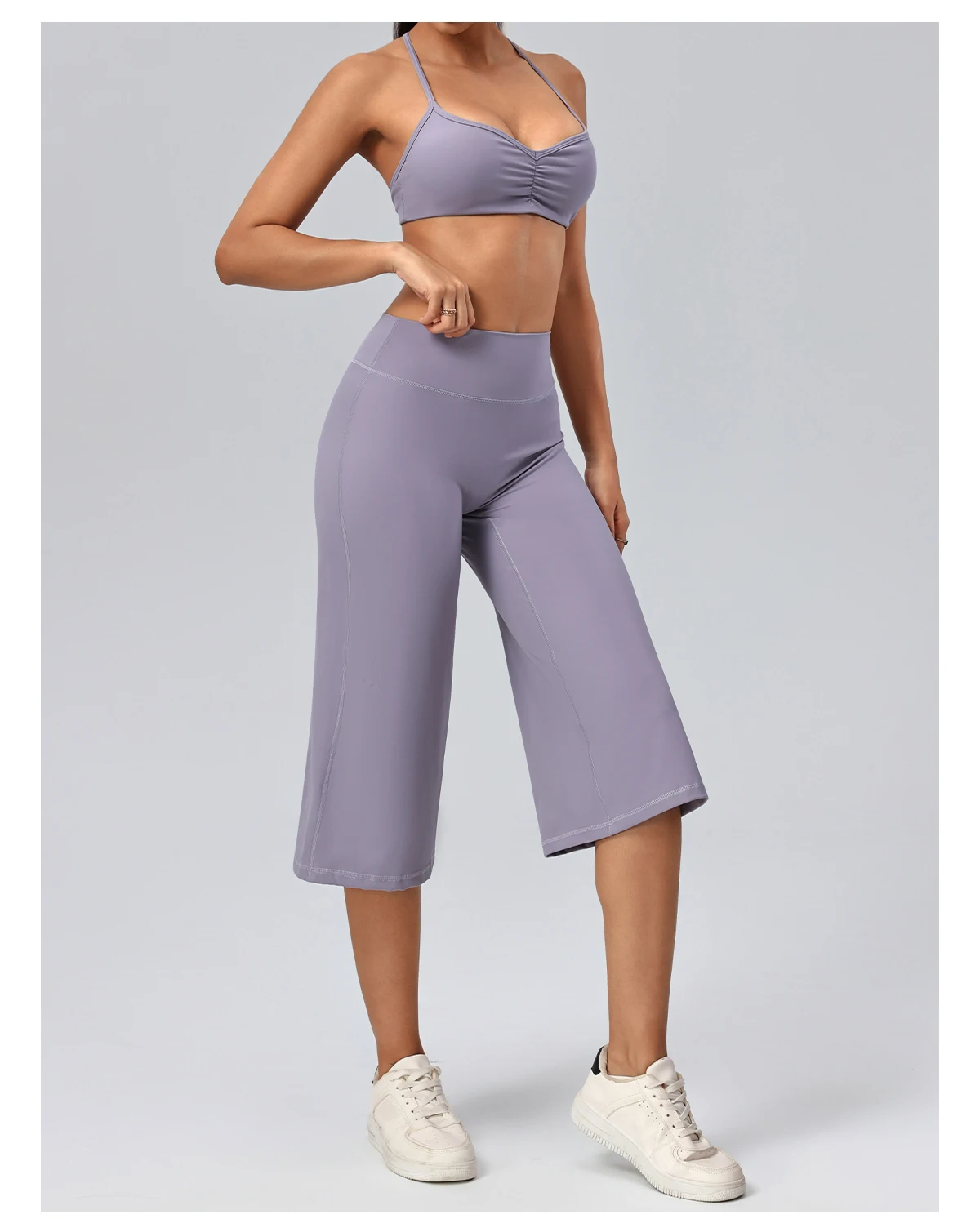 Hearuisavy Damen 2-teiliges Fitness-Set: Hochtaillierte Yoga-Caprihose mit weitem Bein, Push-Up-Sport-BH, schnelltrocknender Tennisrock für das Fitnessstudio. – Detail 26