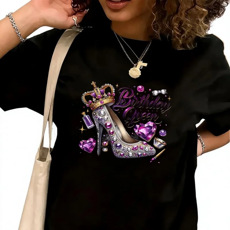 kling Rhinestone High Heel & Jewelry GraphicWomen's T-Shirt 100% Cotton Funny Graphic Short Sleeve Tee Novelty Shirt Casual Crew Neck Top S-5XL