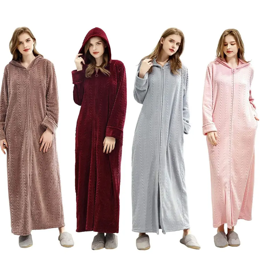 Long Hooded Zipper Bathrobe for Womens Flannel Fleece Robes Winter Warm Housecoat Nightgown Sleepwear Pajamas