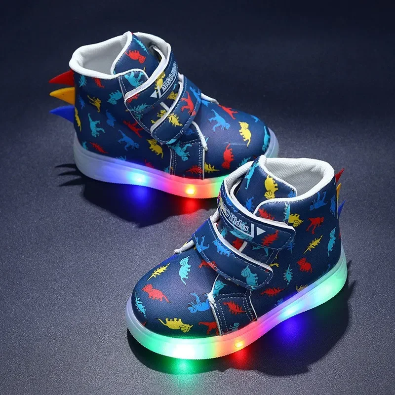 Children's High Top Sneakers 2024 New LED Lighted PU Kids Shoes Fashion Dinosaur Print Boys Casual Shoes Luminous Board Shoes