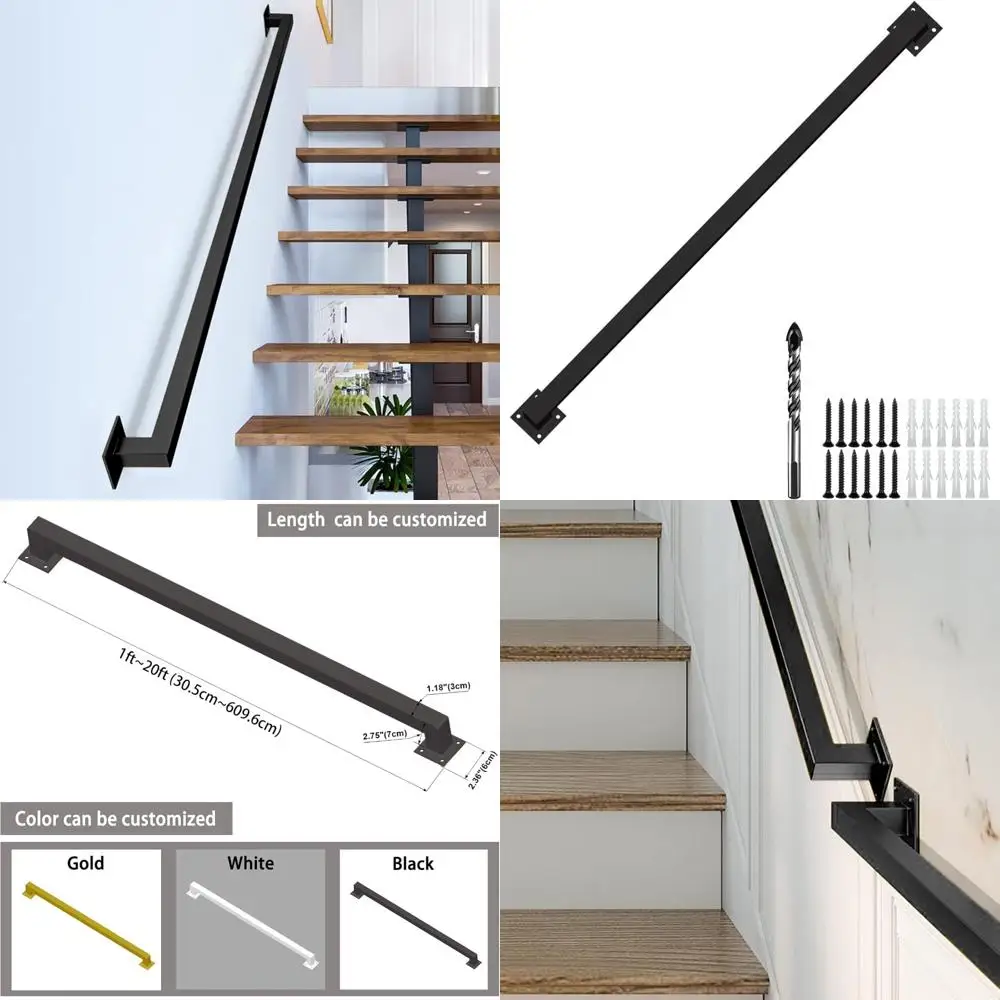 3.5피트 블랙 아이언 핸드레일, 견고한 안전 계단 난간 벽걸이형, 500파운드 하중 용량 산업용 철제 난간 파이프 H