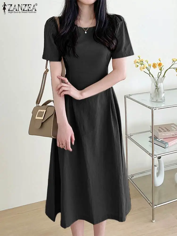 ZANZEA Women Summer Solid Dresses Elegant Office Sundress O Neck Puff Sleeve Vestido Causal Holiday Dress Femme Work Robe Katfan