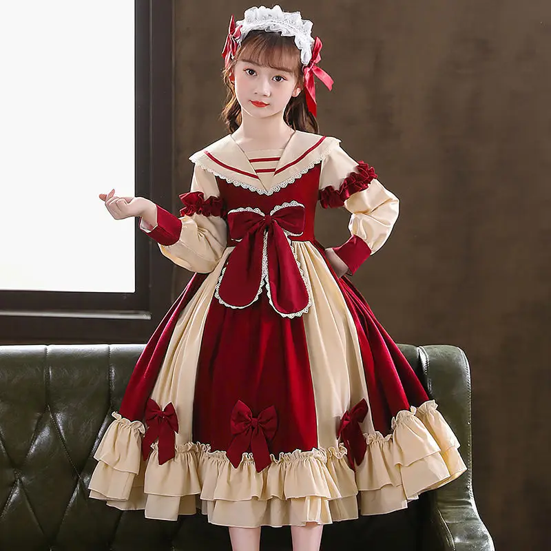 Teen girl kids  Spanish Girl Dress Baby Bow Princess Long sleeve Lolita Dress For Girls Birthday outfit Lace Headband