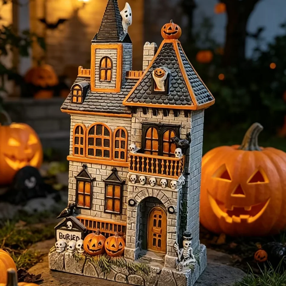 Halloween Resin Haunted House Figurine Vintage Pumpkin Skull Ghost Statue 19×9×35cm Desktop Ornament Home Fireplace Shelf Party