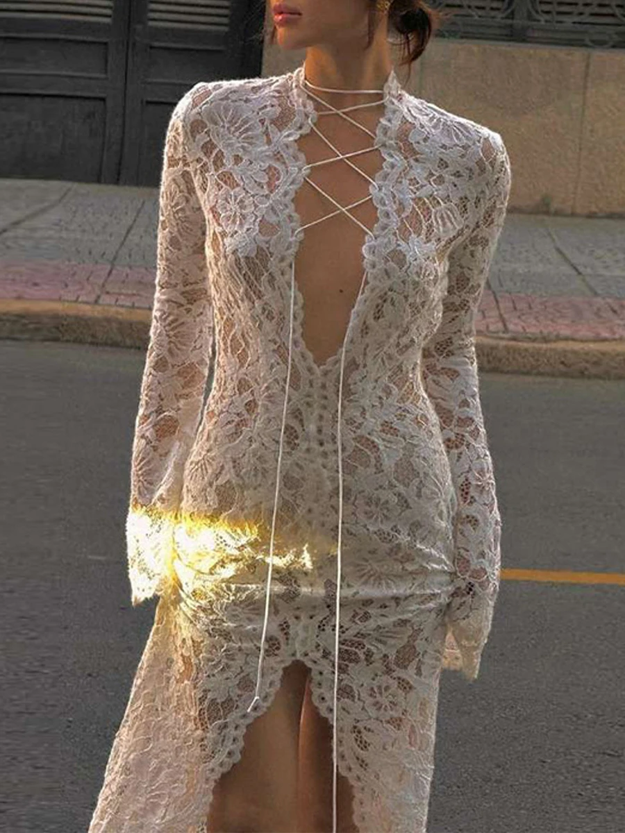 New Fashion Women Autumn Long Sheer Dress Long Sleeve Deep V Neck Split Hem Lace Floral Party Dress Hot Sale S M L