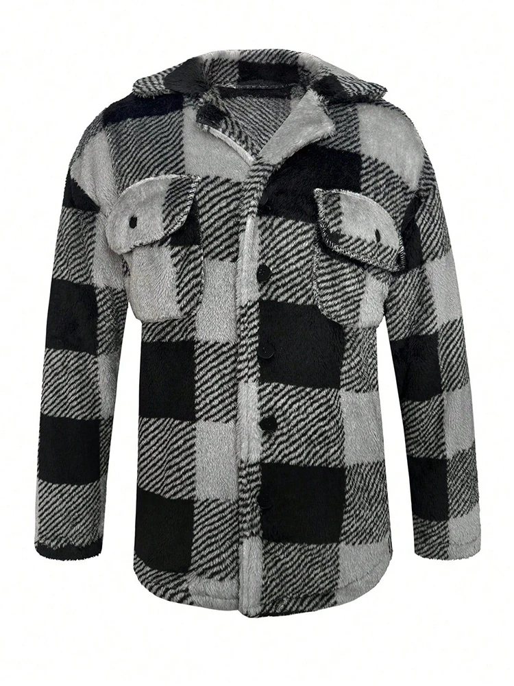 Stylish Plaid Mens Overcoats Furry Cozy Fleece Cardigan Tops Autumn Winter Vintage Button-up Lapel Mens Fleece Jacket Coat