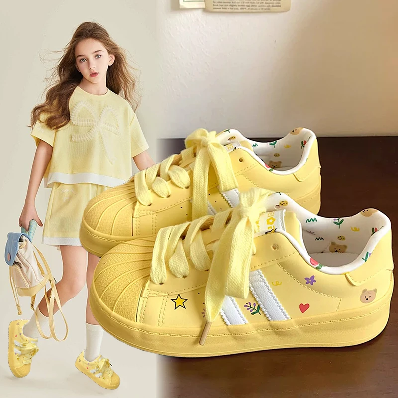 

Children's Board Shoes 4-18 Years Old Yellow Leather Soft Girls Single Shoes Four Seasons Models Casual Versatile Kids Sneakers