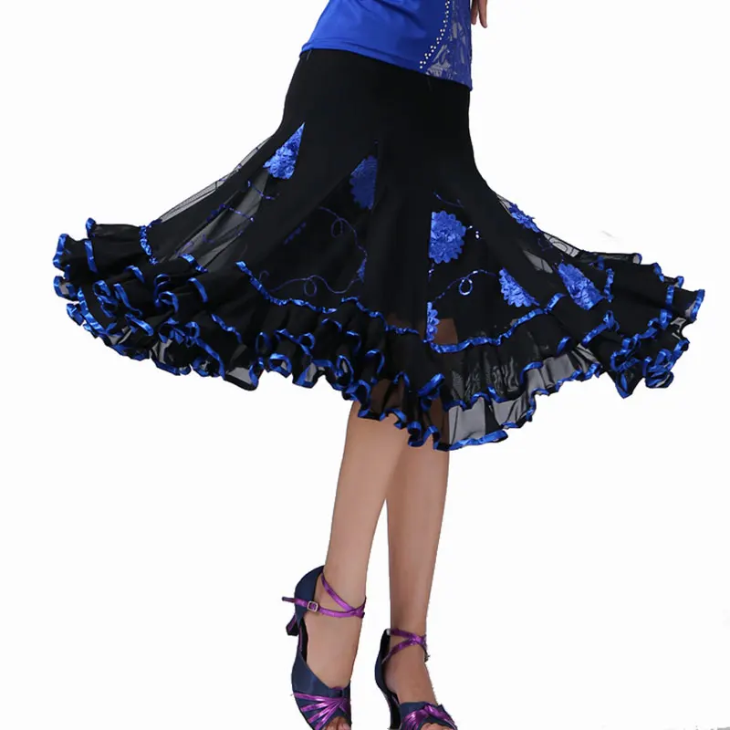 Women Dance Skirt Red Flower Ballroom Flamenco Standard Dress Black Waltz Party Smooth Swing Modern Dance Skirts