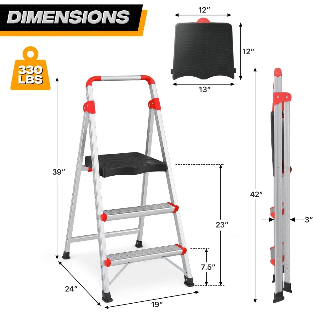Taburete plegable de aluminio de 3 escalones con 2 pedales estrechos y 1 pedal ancho para adultos