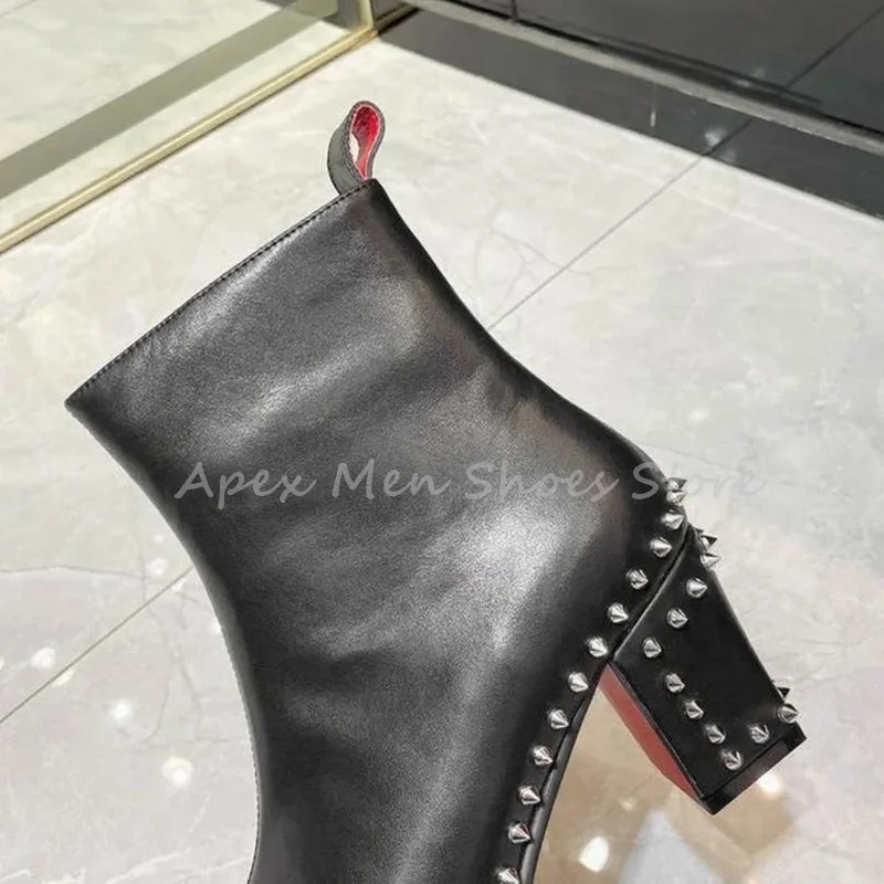 Genuine Leather Men's Studded Rivet Ankle Boots Black Chunky Heel Side Zip Streetwear Trendy Boots Autumn Fashion Modern Boots