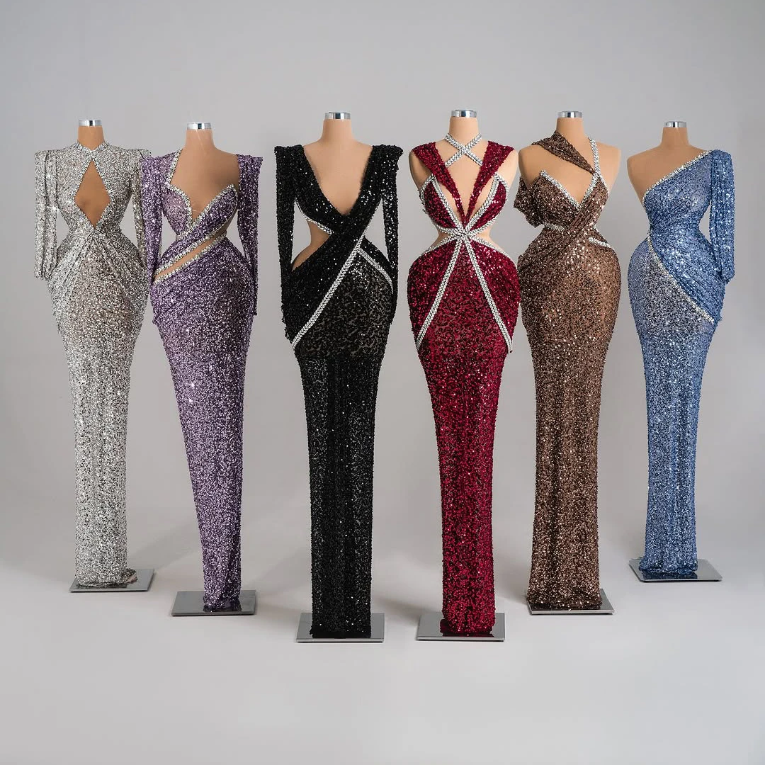 فساتين متألقة من حجر الراين والترتر والدانتيل بأكمام طويلة فستان حورية البحر مخرم مصمم للنساء فستان حفلة مثير #6